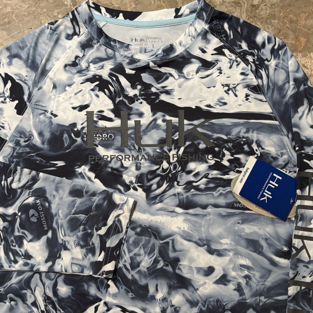 Huk Fishing Shirt Mens Large Blue Mossy Oak Hydro Camo Long Sleeve UPF